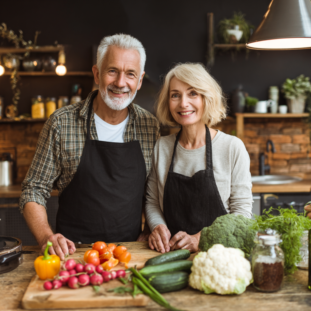 Adult couple cooking healthy meal