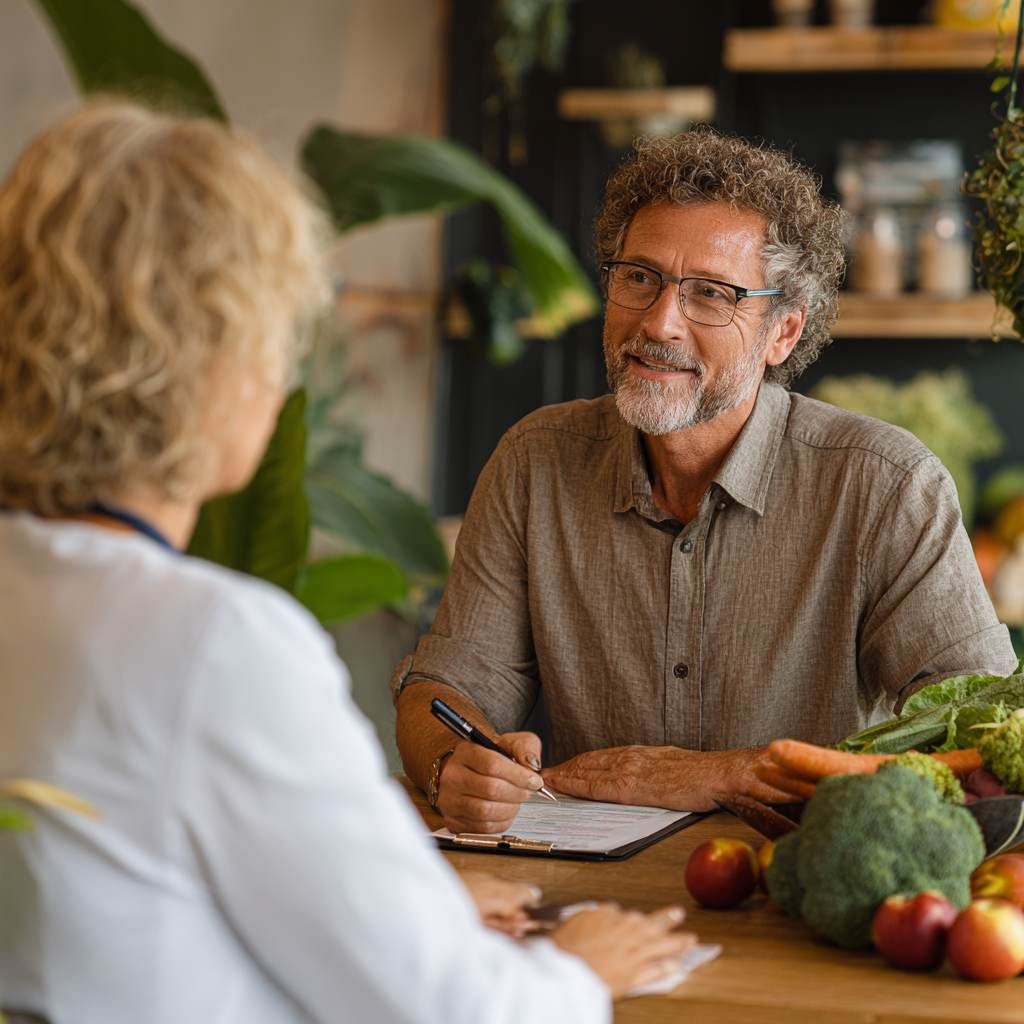 Nutritionist consulting with middle-aged client
